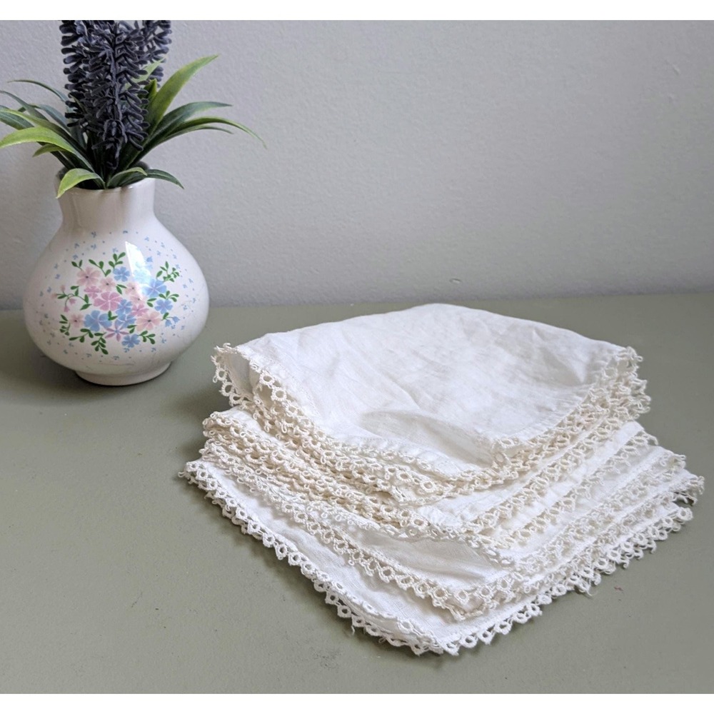 Set of 4 Vintage White Linen Handkerchiefs with Crocheted Lace Trim